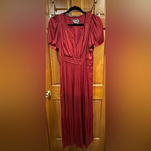 ANTHROPOLOGIE Burgundy Satin Charmeuse short sleeve maxi dress wedding MEDIUM